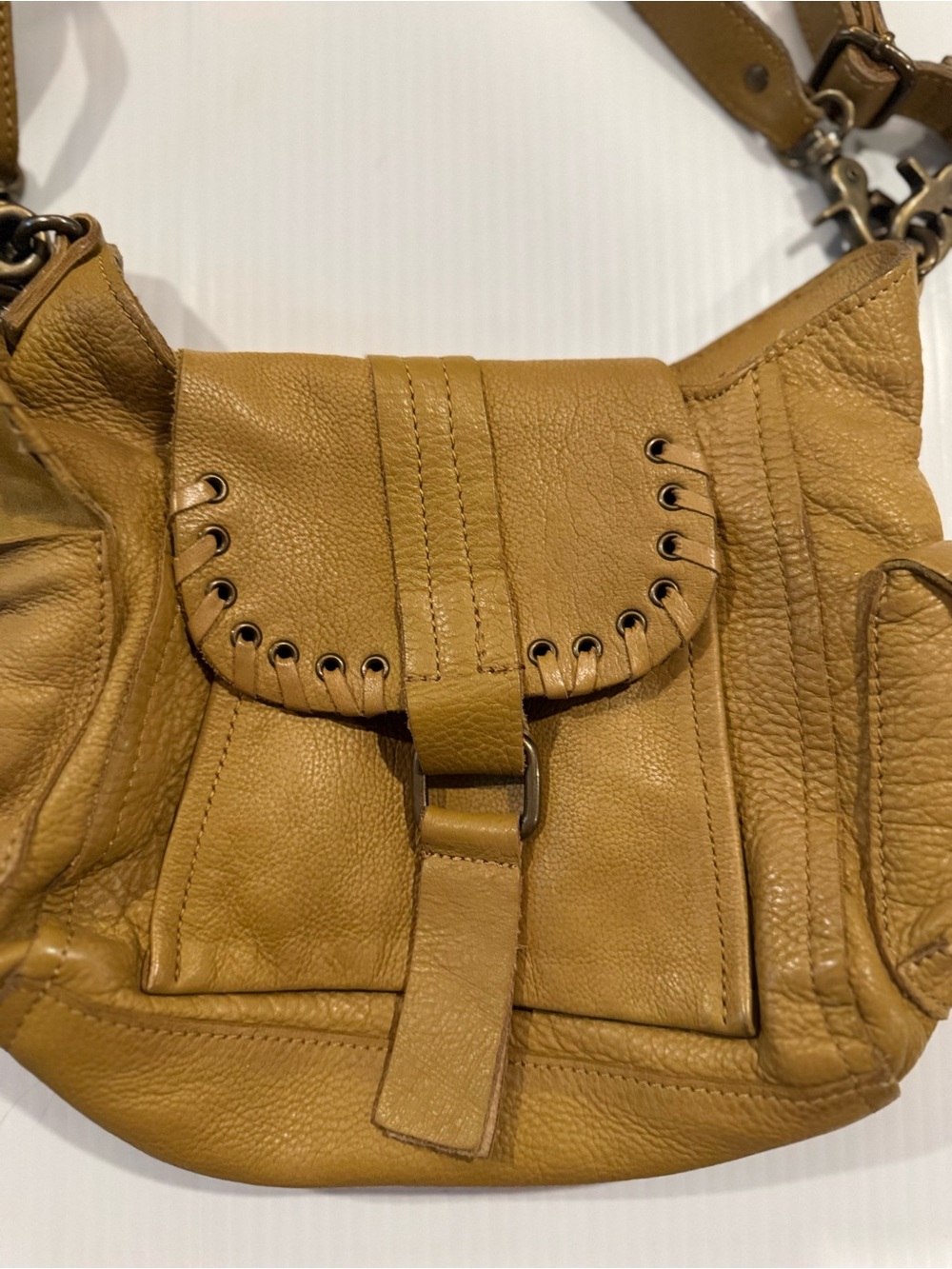 All Saints Mustard Leather Handbag with Eyelet and Buckle Detail